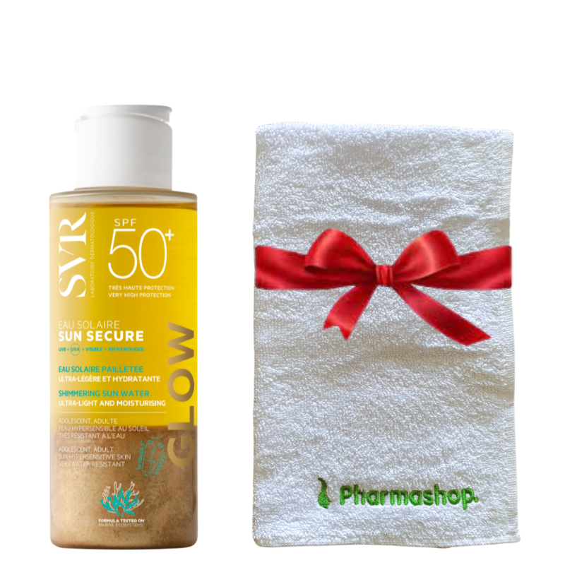 SVR SUN SECURE EAU SOLAIRE GLOW SPF50+ 100ML+PHARMASHOP SERVIETTE DE VISAGE (OFFERT)